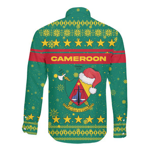 Cameroon Christmas Long Sleeve Button Shirt Coat of Arms Santa Hat and Stars Motif - African Pride