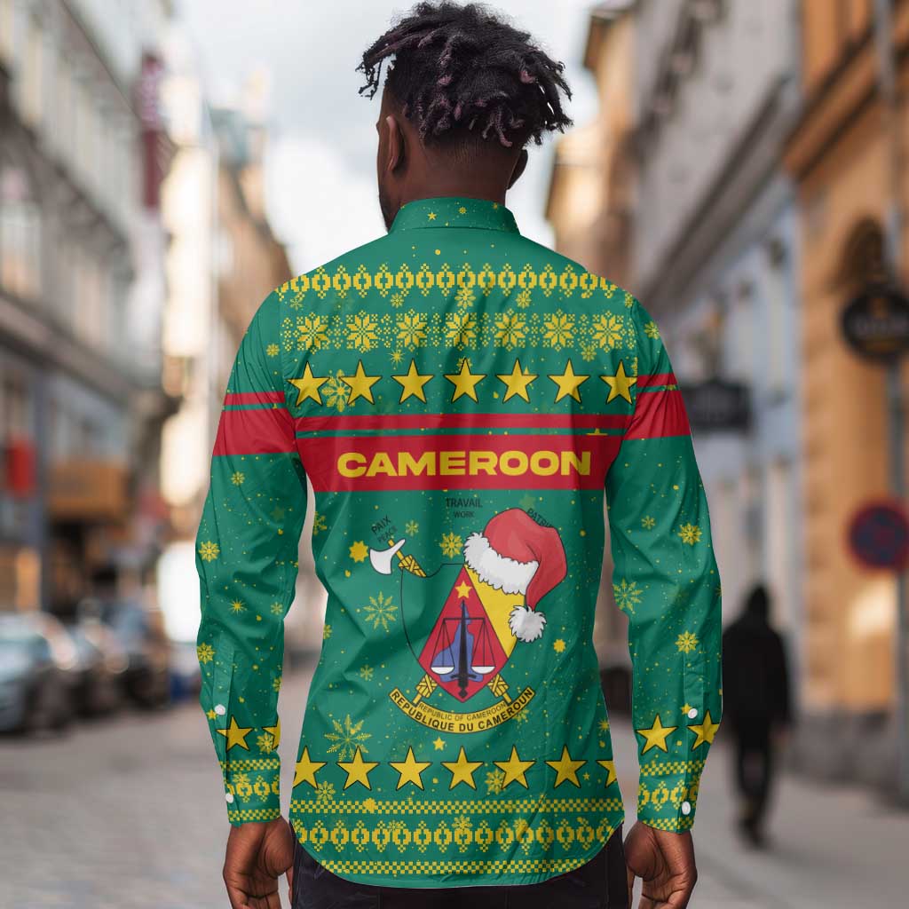 Cameroon Christmas Long Sleeve Button Shirt Coat of Arms Santa Hat and Stars Motif - African Pride