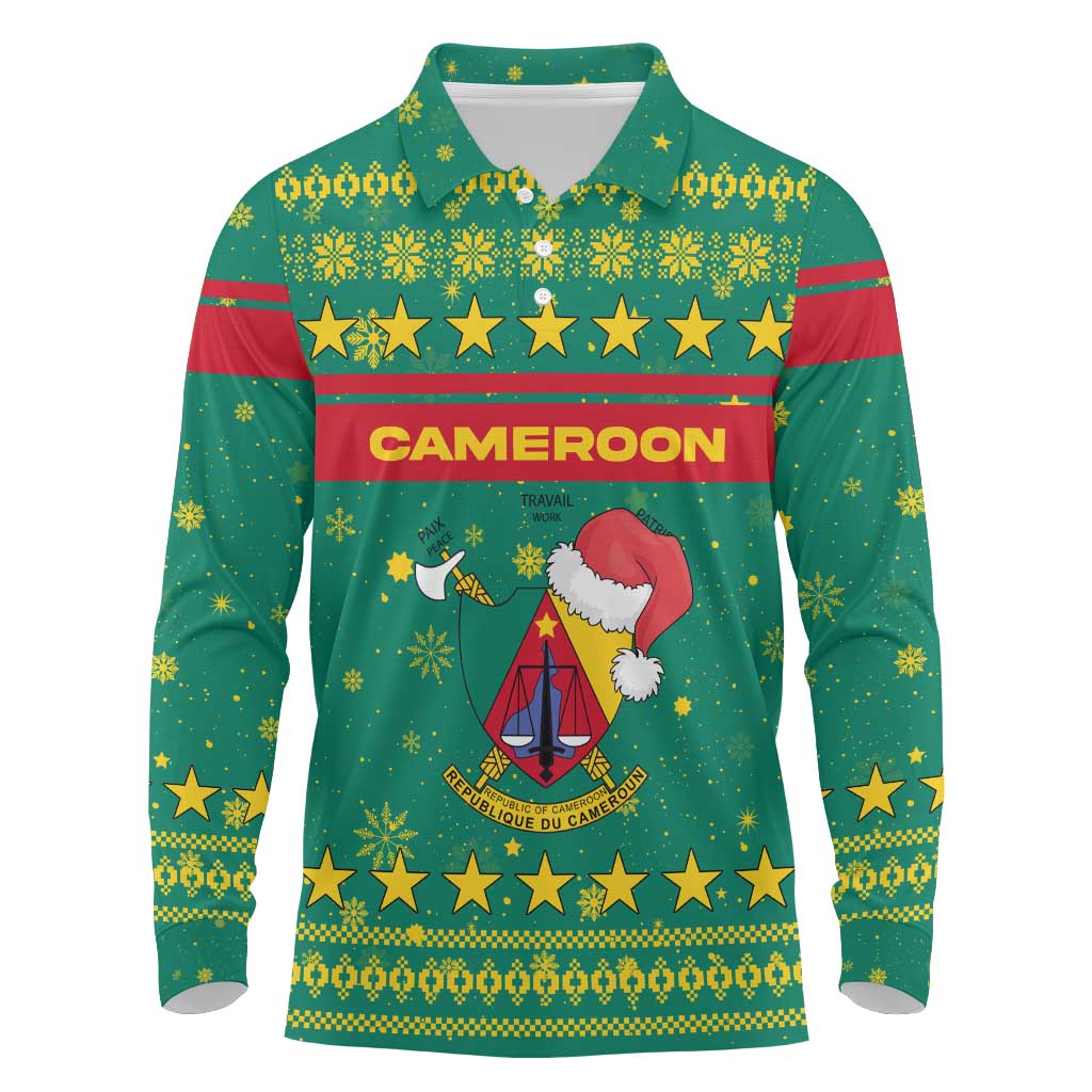 Cameroon Christmas Long Sleeve Polo Shirt Coat of Arms Santa Hat and Stars Motif - African Pride