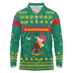 Cameroon Christmas Long Sleeve Polo Shirt Coat of Arms Santa Hat and Stars Motif - African Pride
