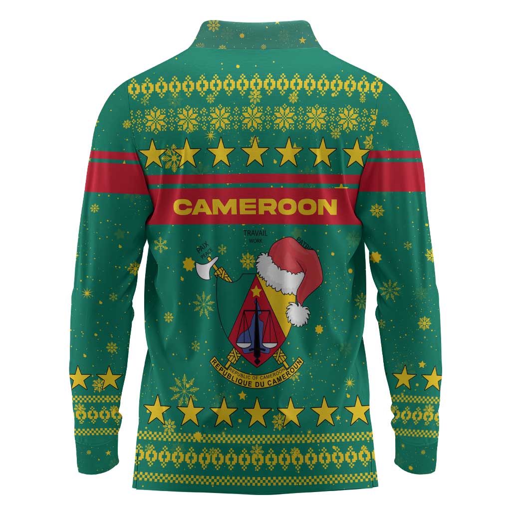 Cameroon Christmas Long Sleeve Polo Shirt Coat of Arms Santa Hat and Stars Motif - African Pride