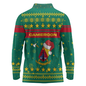 Cameroon Christmas Long Sleeve Polo Shirt Coat of Arms Santa Hat and Stars Motif - African Pride