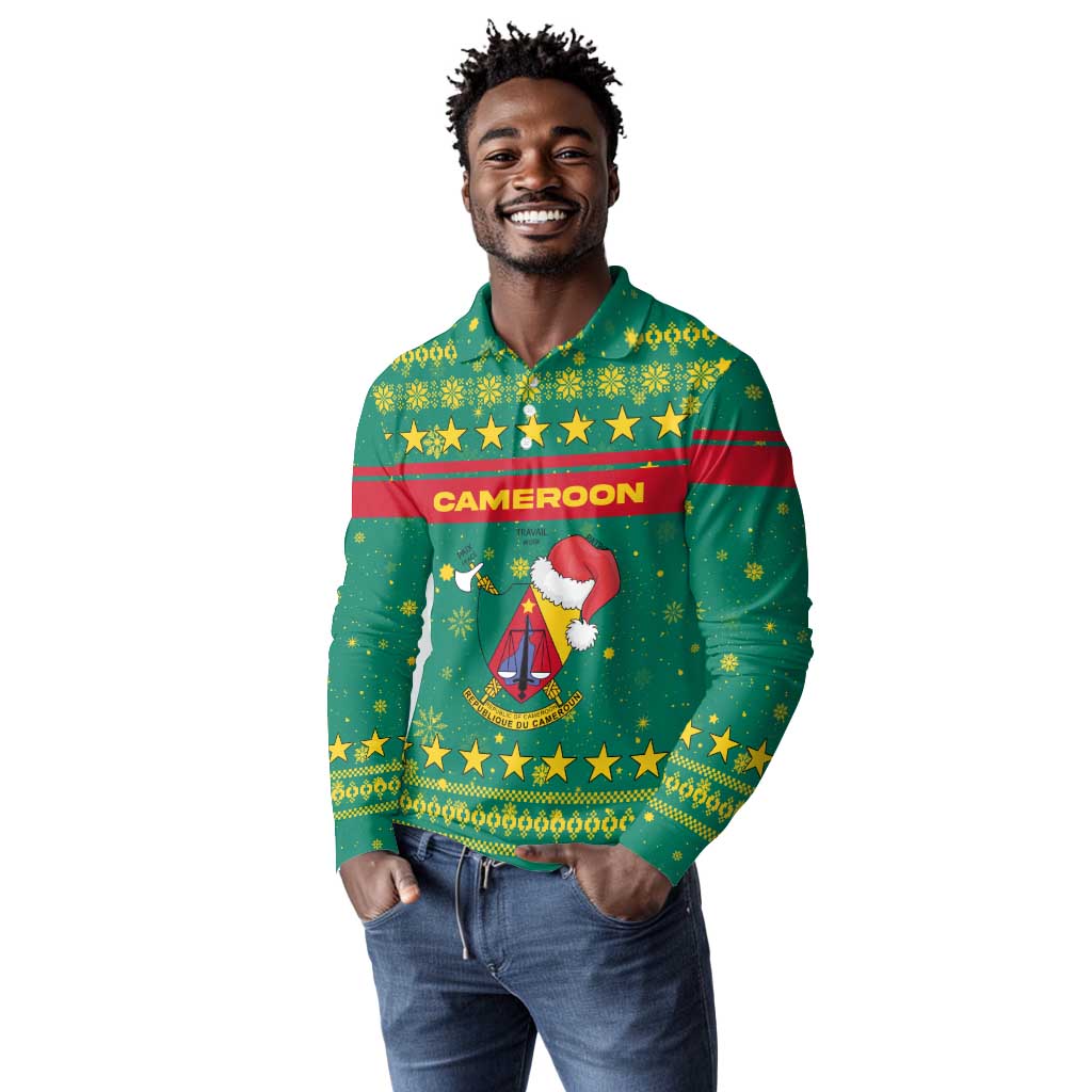 Cameroon Christmas Long Sleeve Polo Shirt Coat of Arms Santa Hat and Stars Motif - African Pride
