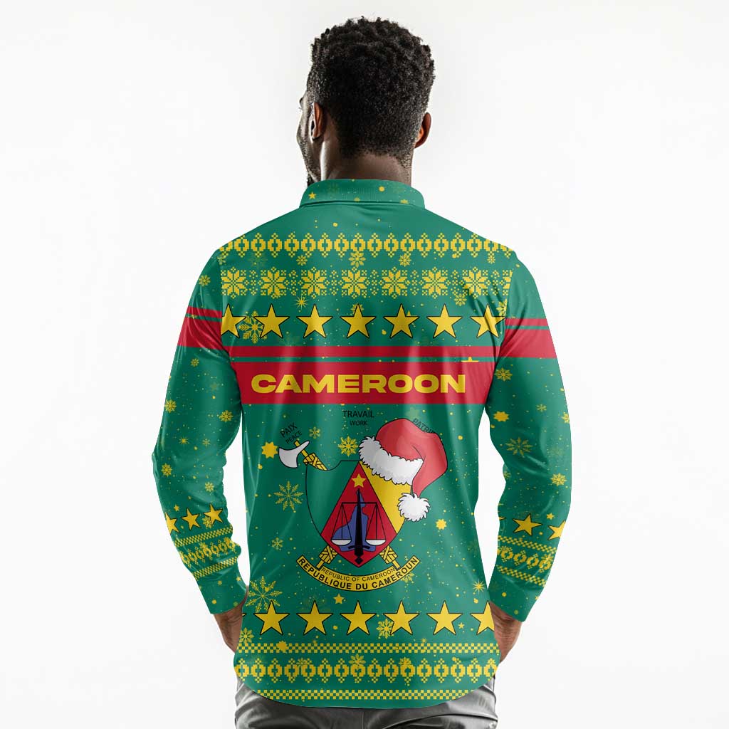 Cameroon Christmas Long Sleeve Polo Shirt Coat of Arms Santa Hat and Stars Motif - African Pride
