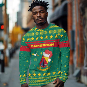 Cameroon Christmas Long Sleeve Shirt Coat of Arms Santa Hat and Stars Motif - African Pride