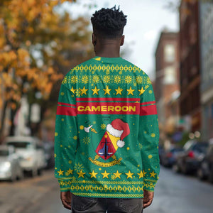 Cameroon Christmas Long Sleeve Shirt Coat of Arms Santa Hat and Stars Motif - African Pride