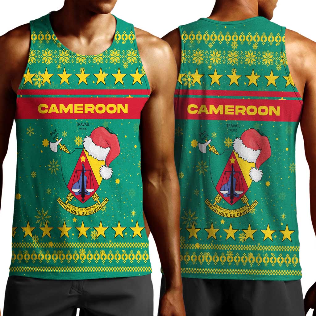 Cameroon Christmas Men Tank Top Coat of Arms Santa Hat and Stars Motif - African Pride