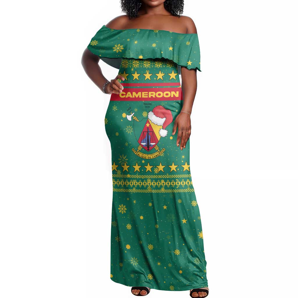 Cameroon Christmas Off Shoulder Maxi Dress Coat of Arms Santa Hat and Stars Motif - African Pride