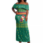 Cameroon Christmas Off Shoulder Maxi Dress Coat of Arms Santa Hat and Stars Motif - African Pride