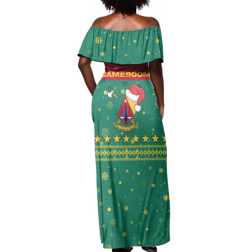 Cameroon Christmas Off Shoulder Maxi Dress Coat of Arms Santa Hat and Stars Motif - African Pride