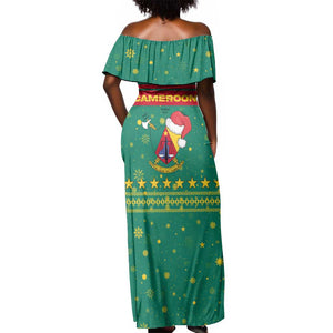 Cameroon Christmas Off Shoulder Maxi Dress Coat of Arms Santa Hat and Stars Motif - African Pride