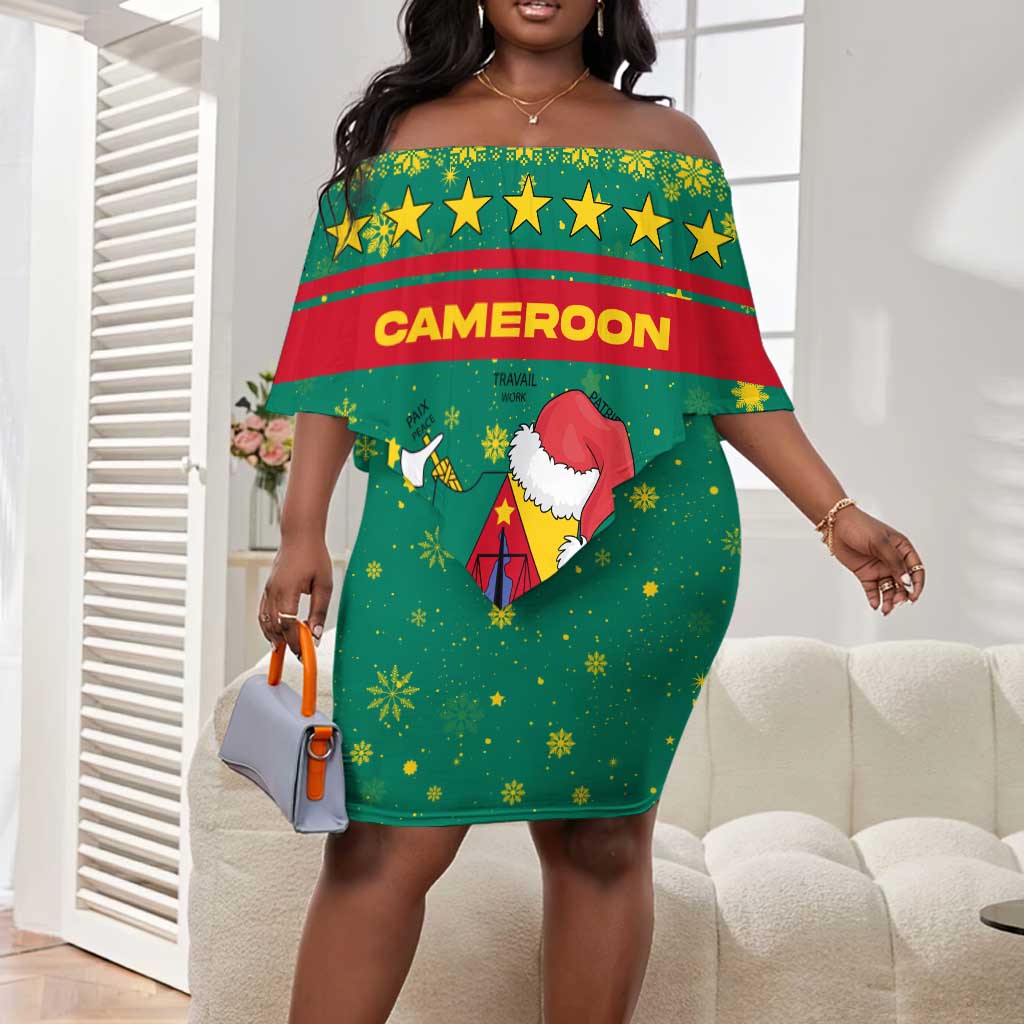 Cameroon Christmas Off Shoulder Short Dress Coat of Arms Santa Hat and Stars Motif - African Pride