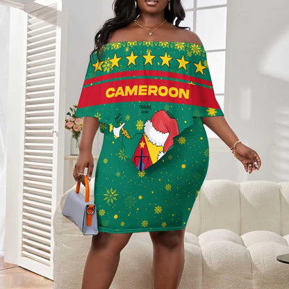 Cameroon Christmas Off Shoulder Short Dress Coat of Arms Santa Hat and Stars Motif - African Pride