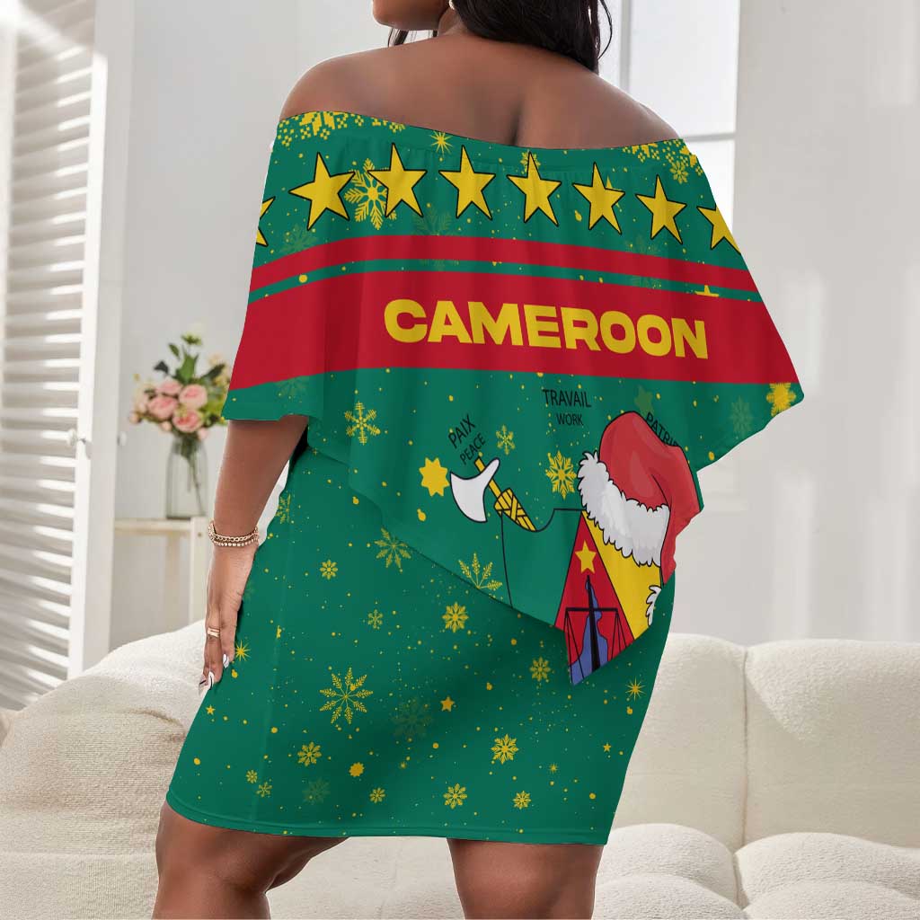 Cameroon Christmas Off Shoulder Short Dress Coat of Arms Santa Hat and Stars Motif - African Pride