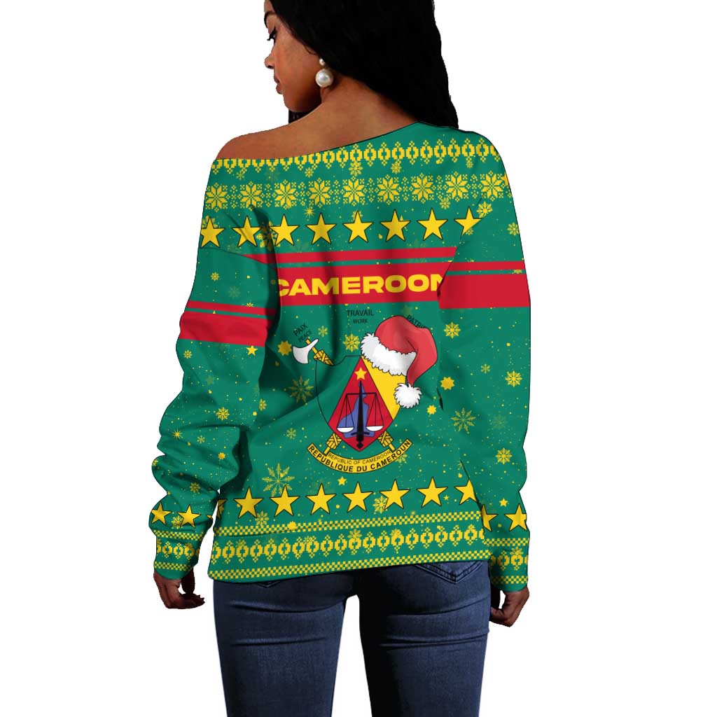 Cameroon Christmas Off Shoulder Sweater Coat of Arms Santa Hat and Stars Motif - African Pride