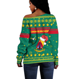 Cameroon Christmas Off Shoulder Sweater Coat of Arms Santa Hat and Stars Motif - African Pride