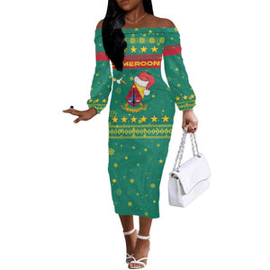 Cameroon Christmas Off The Shoulder Long Sleeve Dress Coat of Arms Santa Hat and Stars Motif - African Pride