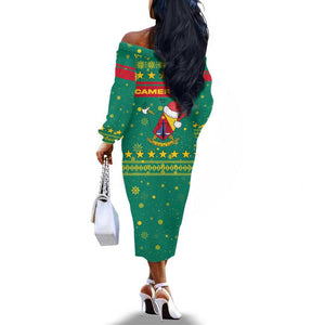 Cameroon Christmas Off The Shoulder Long Sleeve Dress Coat of Arms Santa Hat and Stars Motif - African Pride