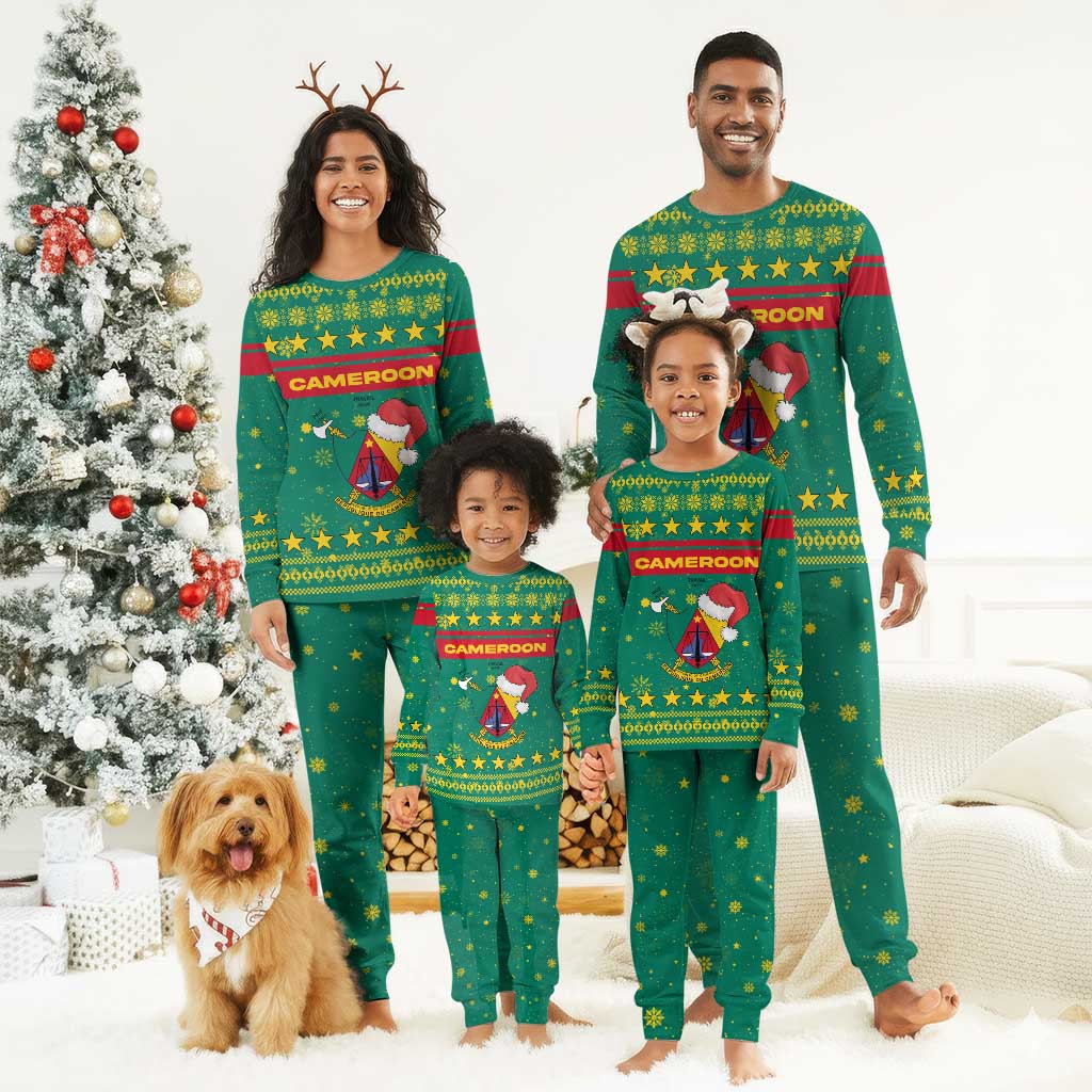 Cameroon Christmas Pajama Set Coat of Arms Santa Hat and Stars Motif - African Pride