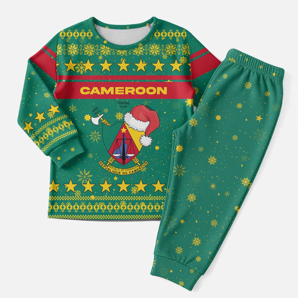 Cameroon Christmas Pajama Set Coat of Arms Santa Hat and Stars Motif - African Pride
