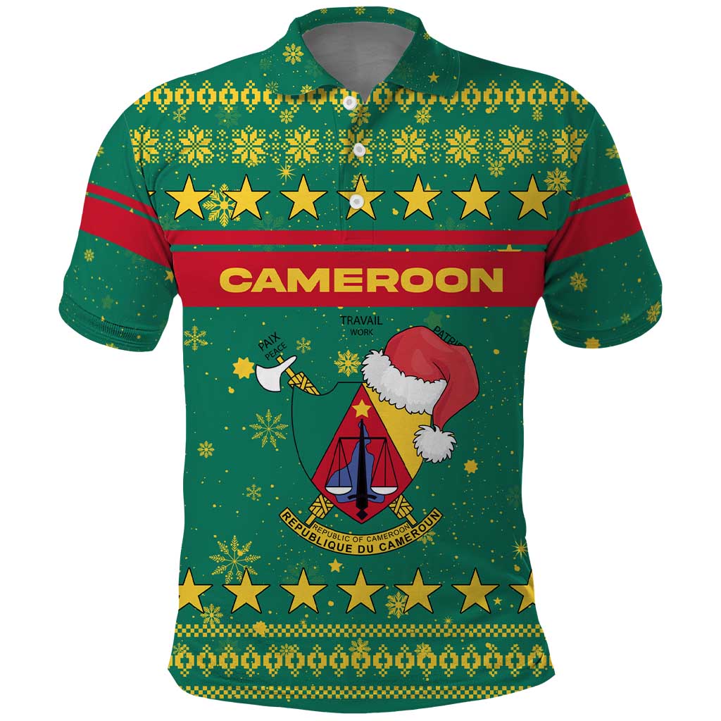 Cameroon Christmas Polo Shirt Coat of Arms Santa Hat and Stars Motif - African Pride