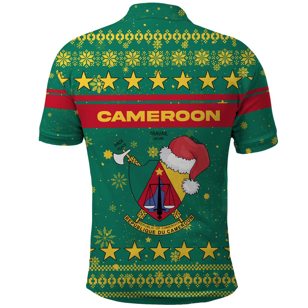 Cameroon Christmas Polo Shirt Coat of Arms Santa Hat and Stars Motif - African Pride