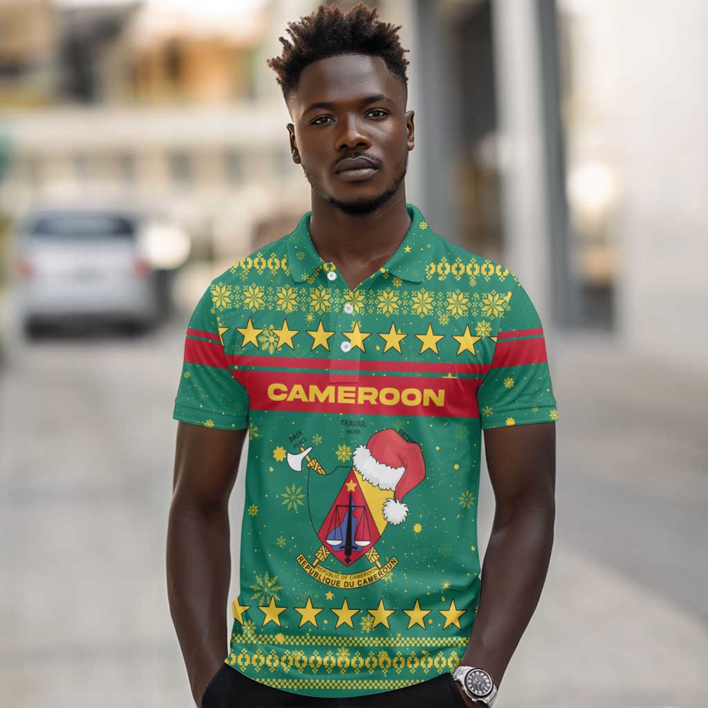 Cameroon Christmas Polo Shirt Coat of Arms Santa Hat and Stars Motif - African Pride