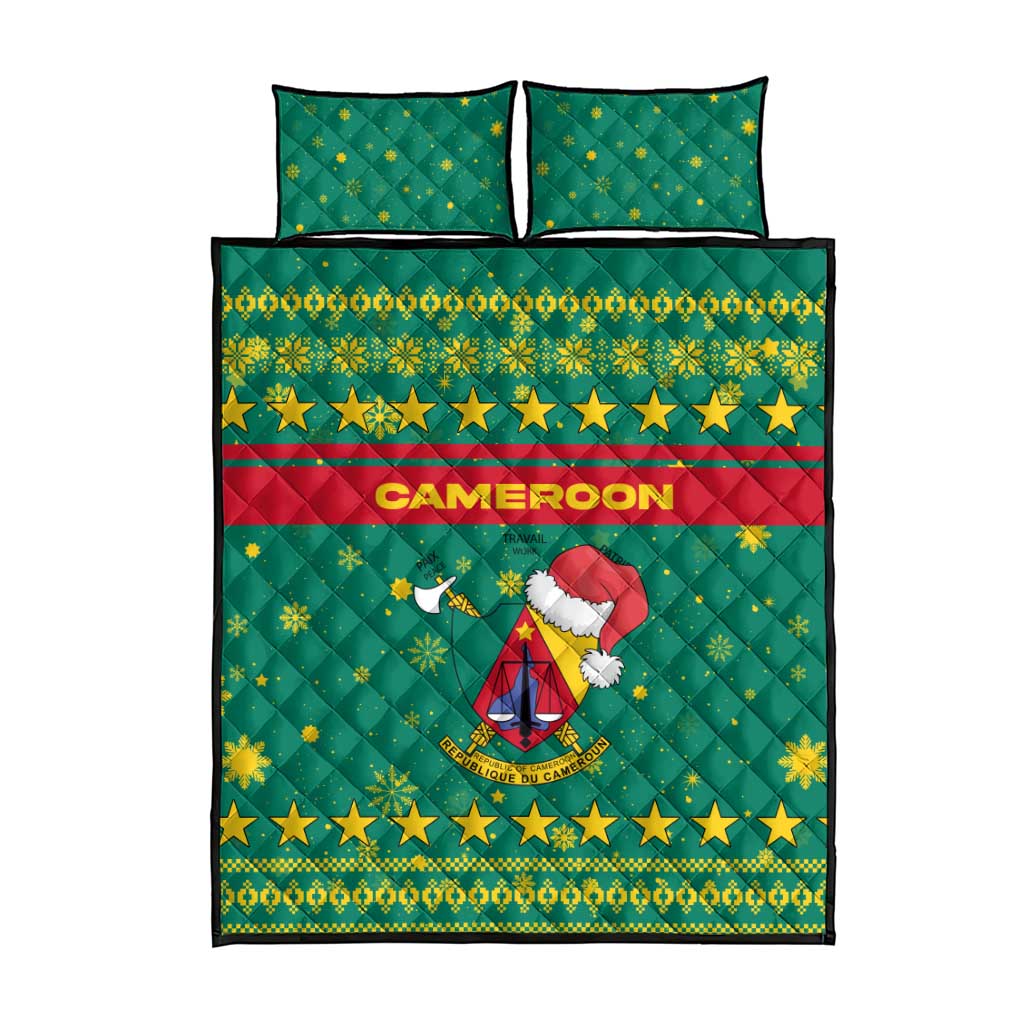 Cameroon Christmas Quilt Bed Set Coat of Arms Santa Hat and Stars Motif - African Pride