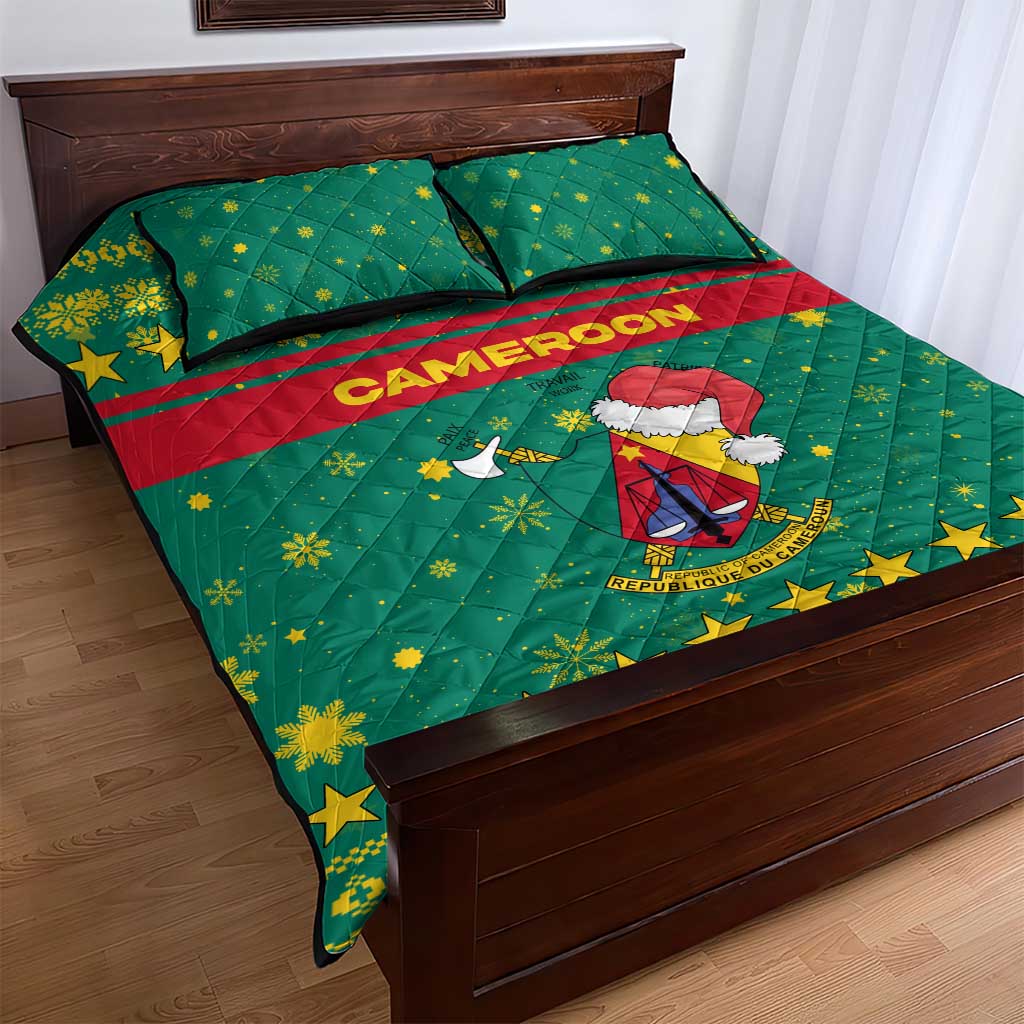 Cameroon Christmas Quilt Bed Set Coat of Arms Santa Hat and Stars Motif - African Pride