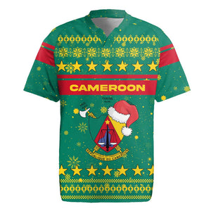 Cameroon Christmas Rugby Jersey Coat of Arms Santa Hat and Stars Motif - African Pride