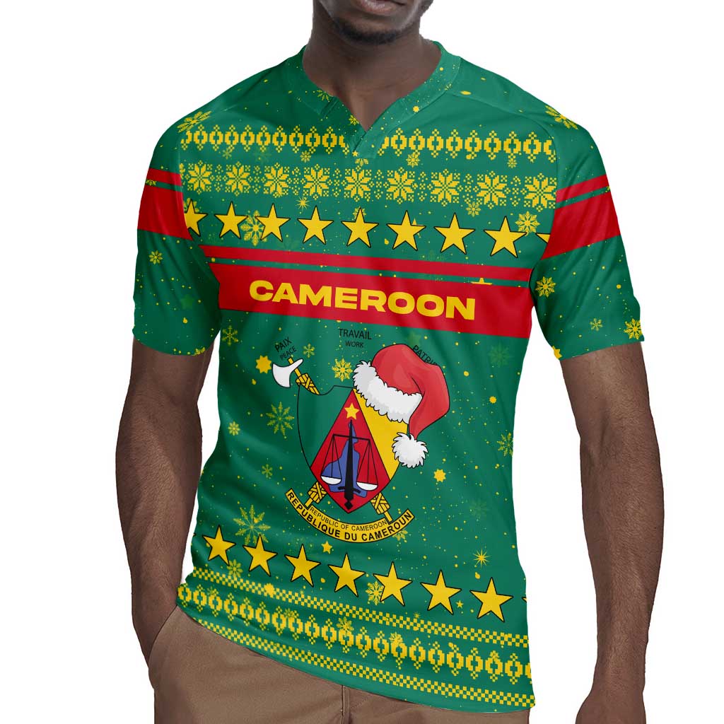 Cameroon Christmas Rugby Jersey Coat of Arms Santa Hat and Stars Motif - African Pride