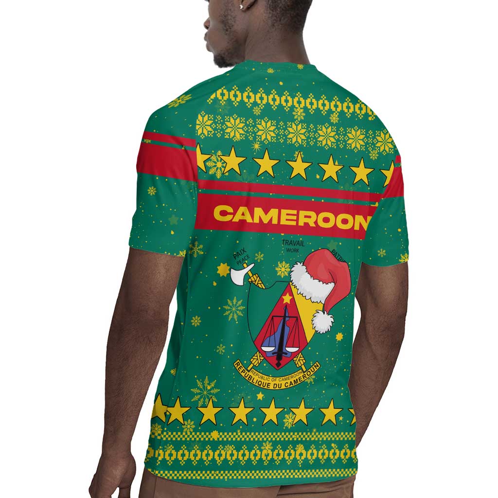 Cameroon Christmas Rugby Jersey Coat of Arms Santa Hat and Stars Motif - African Pride