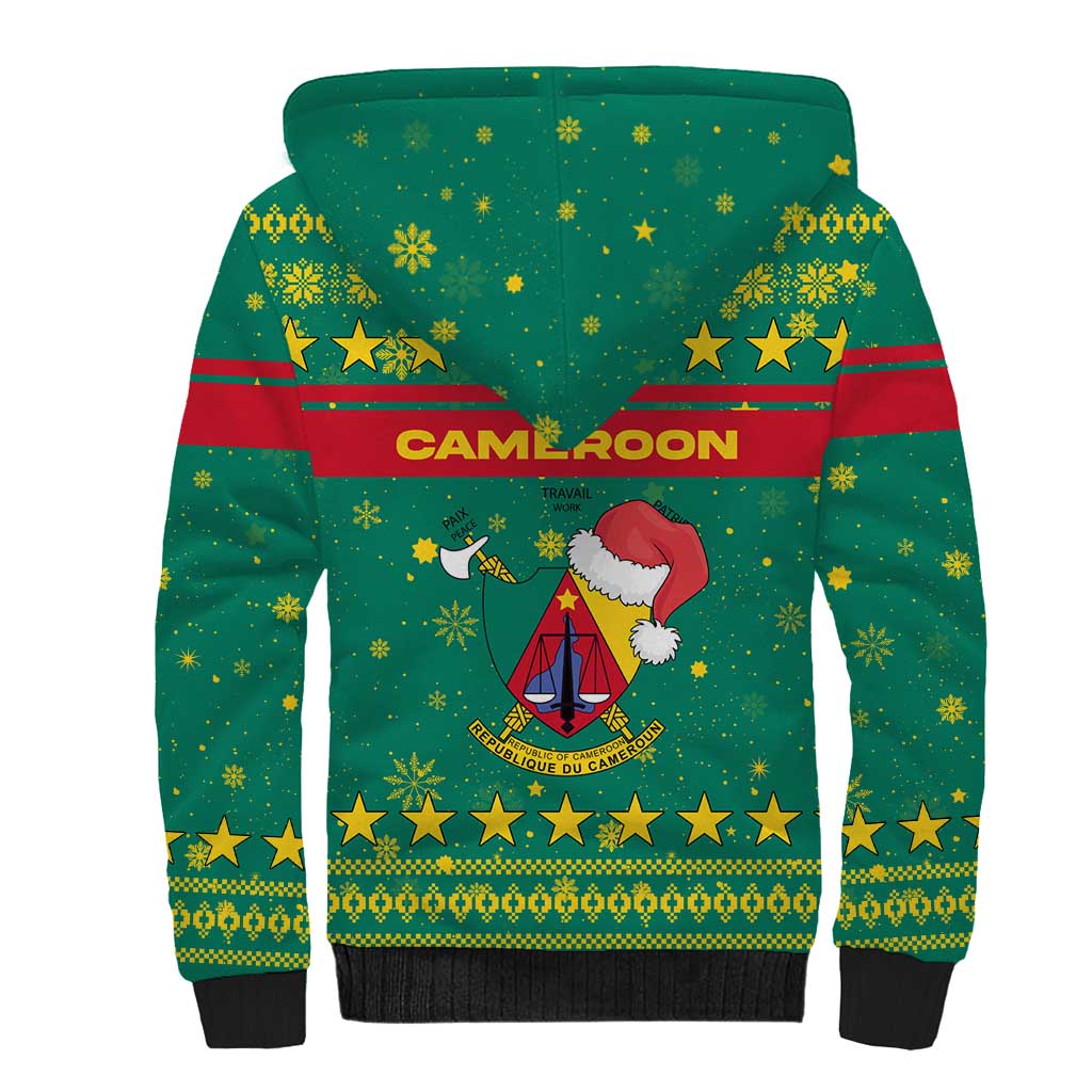 Cameroon Christmas Sherpa Hoodie Coat of Arms Santa Hat and Stars Motif - African Pride