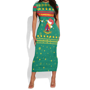 Cameroon Christmas Short Sleeve Bodycon Dress Coat of Arms Santa Hat and Stars Motif - African Pride