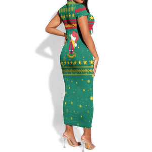 Cameroon Christmas Short Sleeve Bodycon Dress Coat of Arms Santa Hat and Stars Motif - African Pride