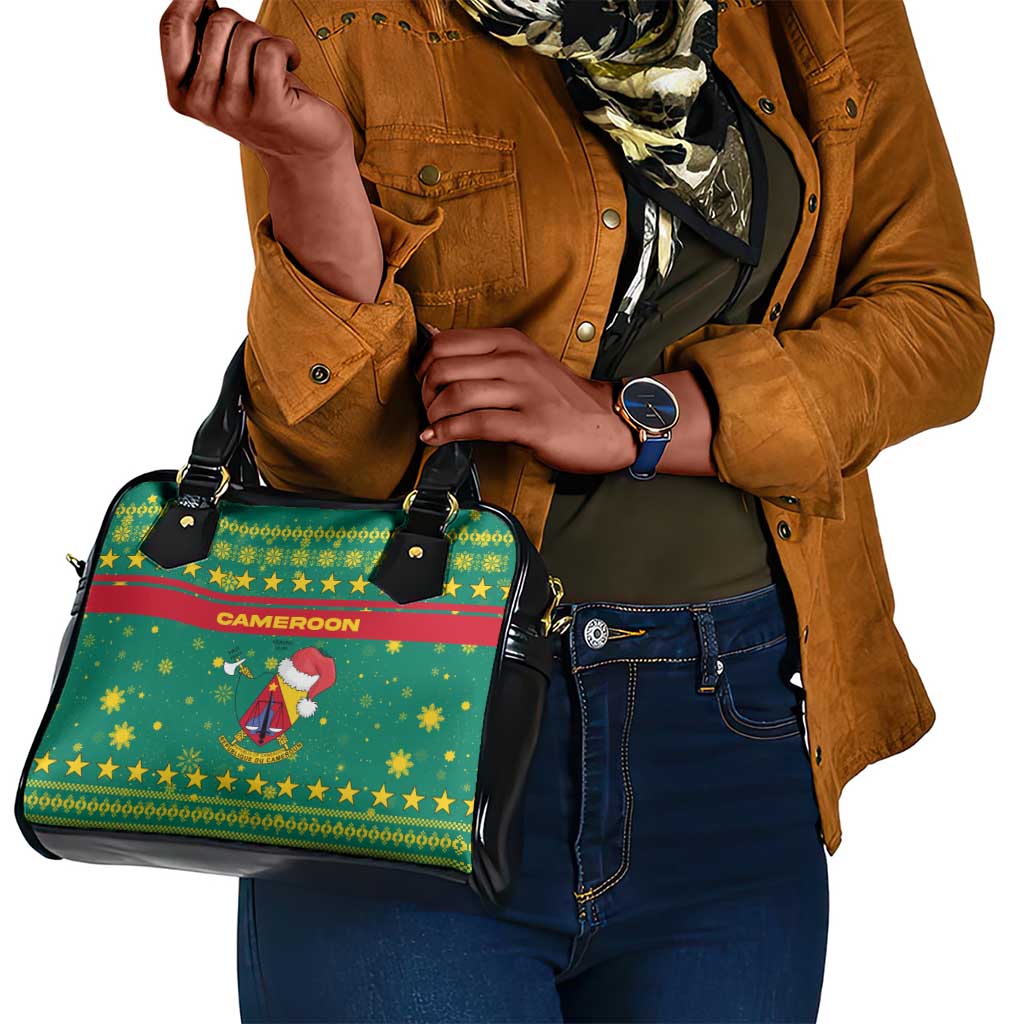 Cameroon Christmas Shoulder Handbag Coat of Arms Santa Hat and Stars Motif - African Pride