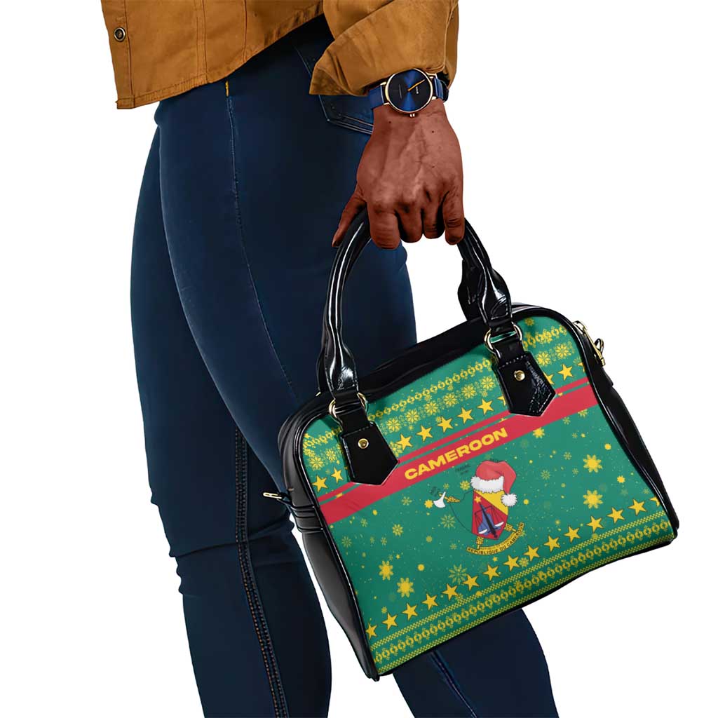 Cameroon Christmas Shoulder Handbag Coat of Arms Santa Hat and Stars Motif - African Pride