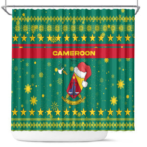 Cameroon Christmas Shower Curtain Coat of Arms Santa Hat and Stars Motif - African Pride