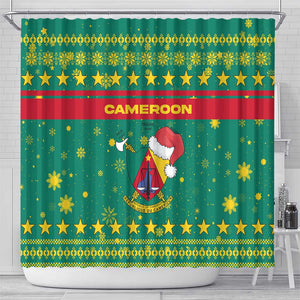 Cameroon Christmas Shower Curtain Coat of Arms Santa Hat and Stars Motif - African Pride