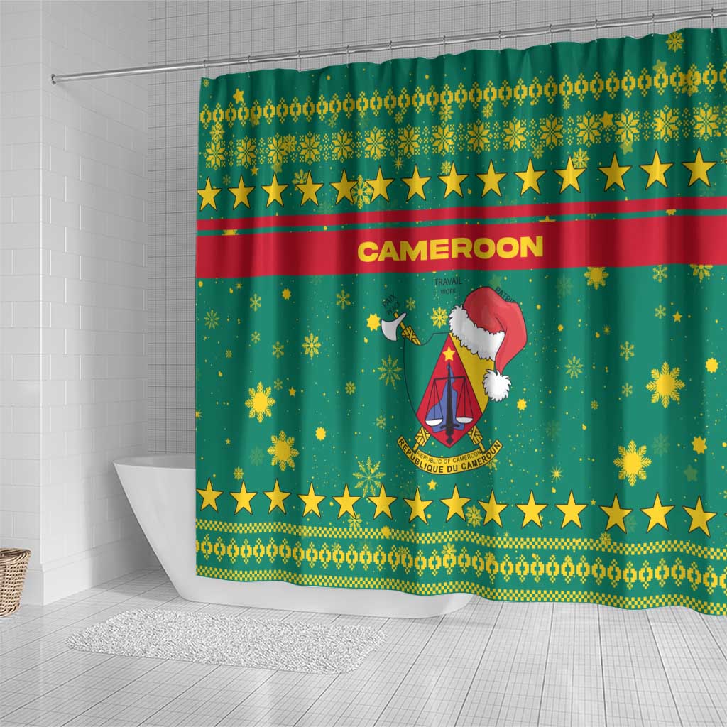 Cameroon Christmas Shower Curtain Coat of Arms Santa Hat and Stars Motif - African Pride
