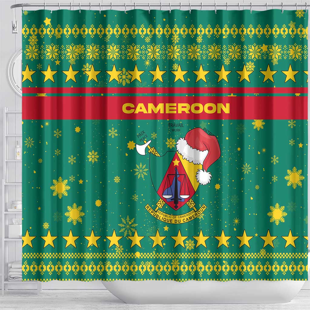 Cameroon Christmas Shower Curtain Coat of Arms Santa Hat and Stars Motif - African Pride