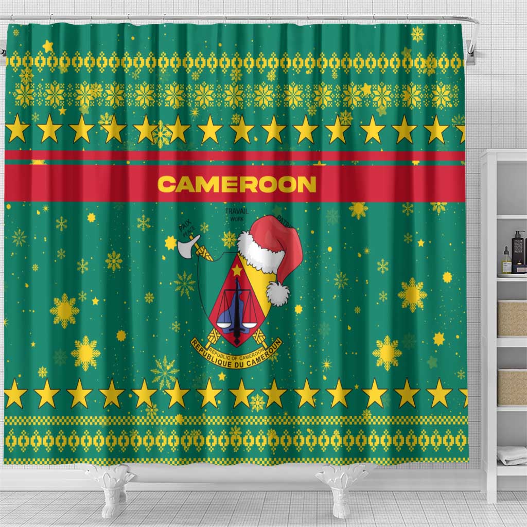 Cameroon Christmas Shower Curtain Coat of Arms Santa Hat and Stars Motif - African Pride