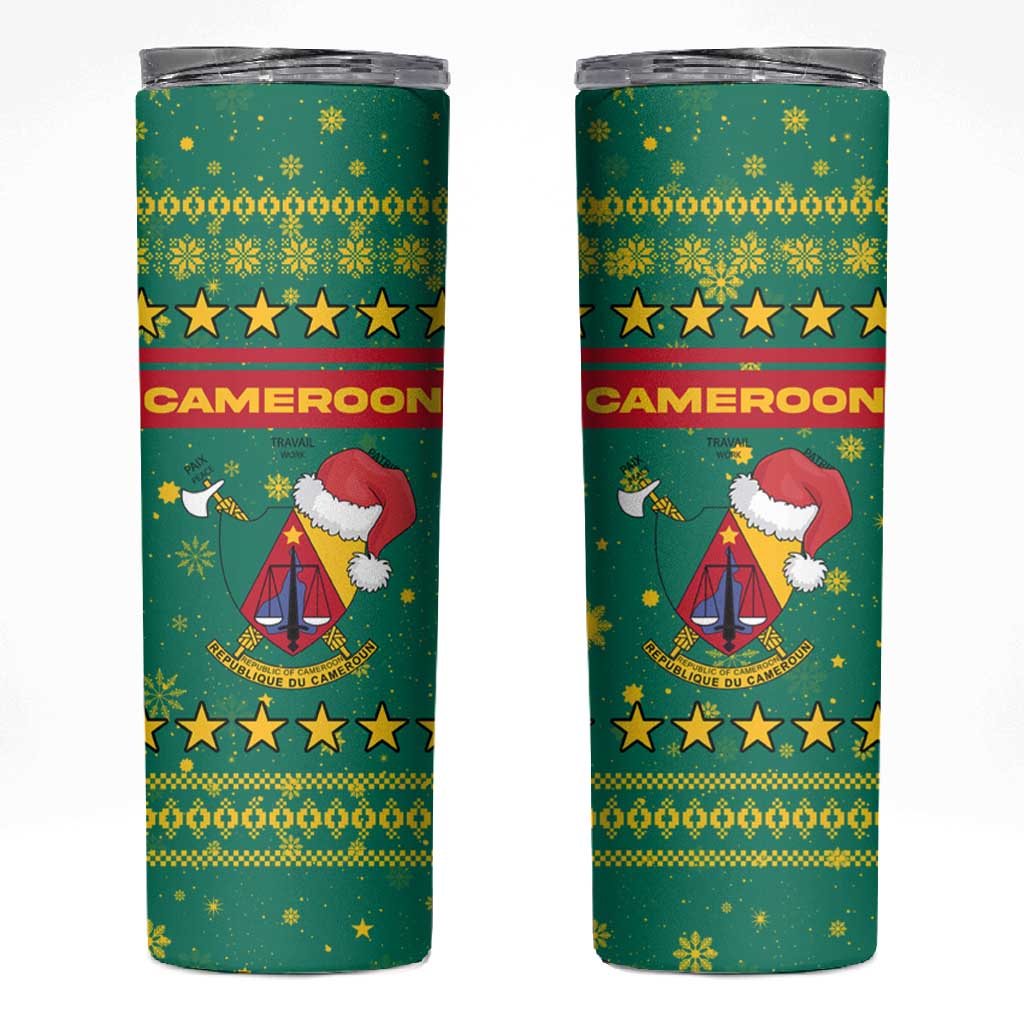 Cameroon Christmas Skinny Tumbler Coat of Arms Santa Hat and Stars Motif - African Pride