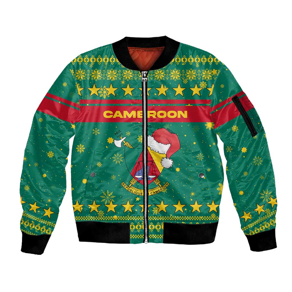 Cameroon Christmas Sleeve Zip Bomber Jacket Coat of Arms Santa Hat and Stars Motif - African Pride