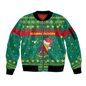 Cameroon Christmas Sleeve Zip Bomber Jacket Coat of Arms Santa Hat and Stars Motif - African Pride