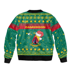 Cameroon Christmas Sleeve Zip Bomber Jacket Coat of Arms Santa Hat and Stars Motif - African Pride