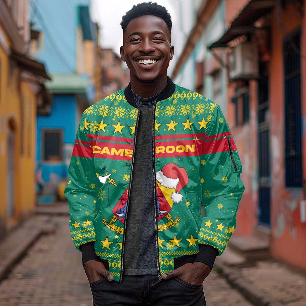 Cameroon Christmas Sleeve Zip Bomber Jacket Coat of Arms Santa Hat and Stars Motif - African Pride