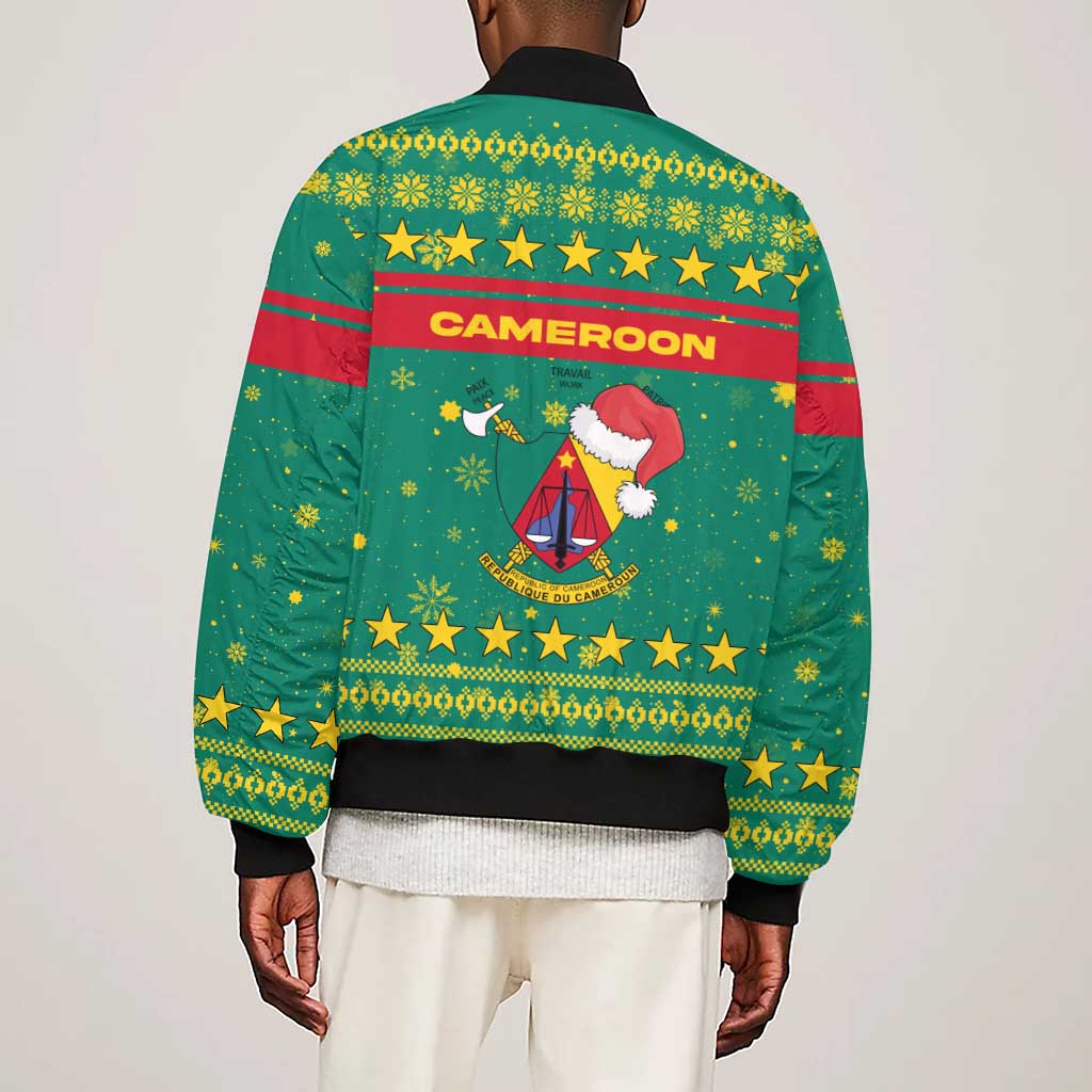 Cameroon Christmas Sleeve Zip Bomber Jacket Coat of Arms Santa Hat and Stars Motif - African Pride
