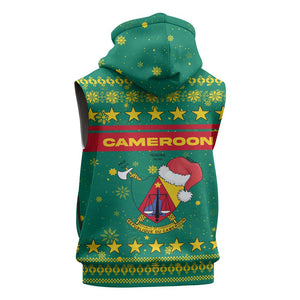 Cameroon Christmas Sleeveless Hoodie Coat of Arms Santa Hat and Stars Motif - African Pride