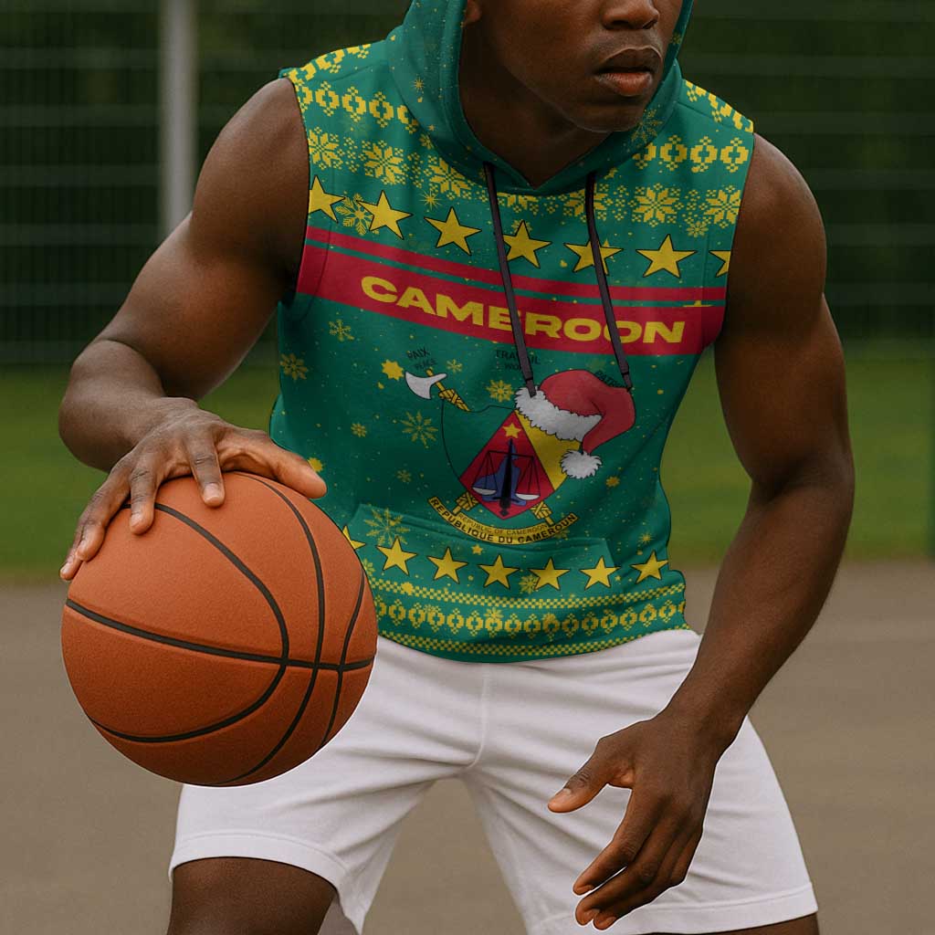 Cameroon Christmas Sleeveless Hoodie Coat of Arms Santa Hat and Stars Motif - African Pride